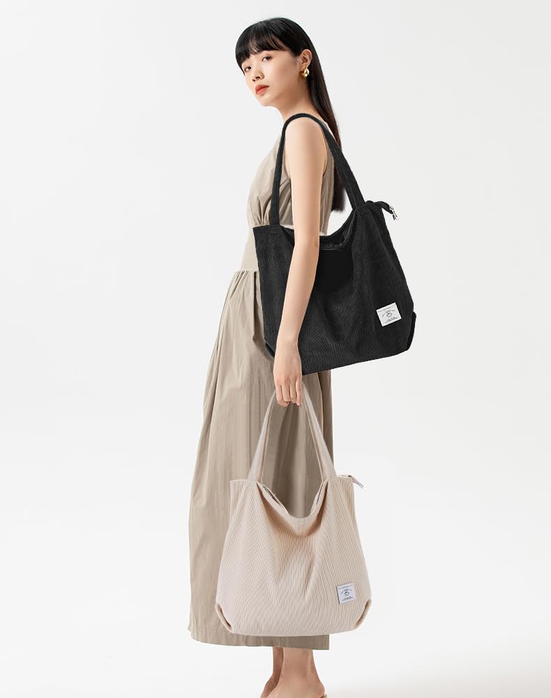 KALIDI Women Corduroy Tote Bag Zipper Casual Tote's Handbag Big Capacity Shoulder Bag with Pockets - color: 1 Black 1 White