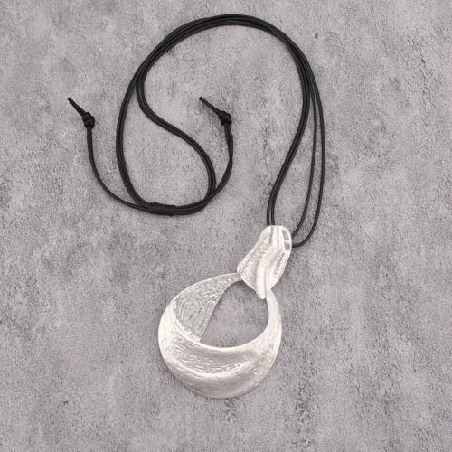 GelConnie Leather Necklace for Women Large Pendant Long Brown Necklace Circle Leather Choker Vintage Sweater Necklace Gold Chunky Boho Necklaces for Women - style: Circle Silver Necklace