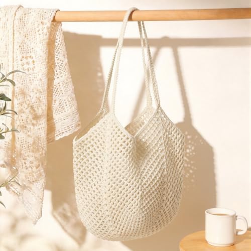 Tavaleu Crochet Tote Beach Bags for Women, Mesh Beach Tote Knit Bag, Summer Vacation Aesthetic Boho Hobo Shoulder Bag - color: Beige - Mesh Crochet