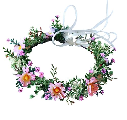 Vivivalue Wedding Floral Crown Adjustable Flower Headband Hair Wreath Floral Headpiece Halo Boho with Ribbon Party Prom Festival Photos - color: 3