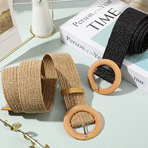 2 Pieces Women Straw Woven Elastic Stretch Waist Belt Skinny Dress Braided Waist Belt with Wooden Style Buckle - color: Black and Natural