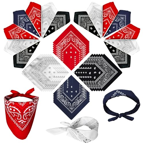 ILHSTY 60 Pcs Women Men Paisley Bandanas Bulk Unisex Bandanas Head Cowboy Scarf Necktie handkerchief Party Supplies - color: Black,red,white,navy Blue