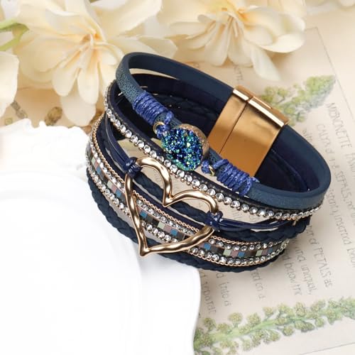 Leather Wrap Bracelet for Women, Boho Cuff Bracelet with Strong Clasp, Multi-Layer Crystal Leather Bracelet for Valentine Mother's Day - color: 01-Heart-Dark Blue