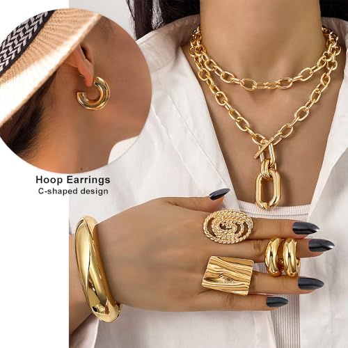 KISS WIFE Golden Jewelry Set for Women with Multi Layered Necklaces, Stackable Bracelets, Knuckle Rings, Hoop Earrings, Fashion Outfit Accessories Jewelry Packs Gifts for Women - style: Style 5