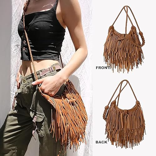 Tassel Shoulder Bag Vintage & Stylish Women PU Leather Bohemian Fringed Crossbody Shoulder Hobo Fringe bag - color: Brown-7.5x6.7in