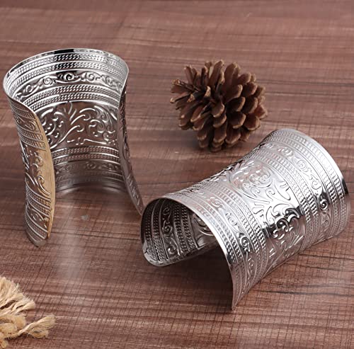 SONNYX 2 PCS Cuff Bracelets for Women Vintage Ethnic Wide Open Chunky Gold Silver Wrist Cuff Warp Bracelets for Cosplay or Belly Dance - color: SILVER 1