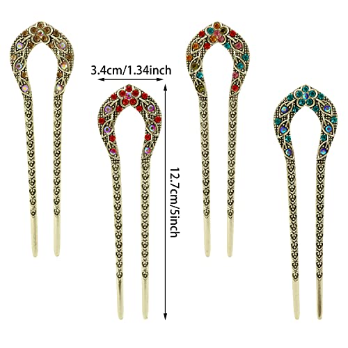 yueton 4PCS U Shaped Alloy Rhinestone Hair Sticks Vintage Double Prong Hair Sticks Retro Hair Chopsticks Hair Forks Hairpins Hair Pins Chignon Pins Long Hair Decorations Hair Styling Pins for Buns