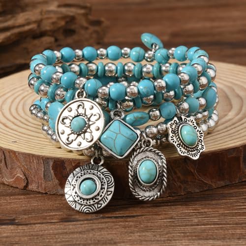 Long tiantian Western Turquoise Beaded Bracelet Set for Women Stackable Cowgirl Bracelets Boho Concho Jewelry Country Concert Rodeo Outfit Accessories Gifts - color: D3:Turquoise Bracelet