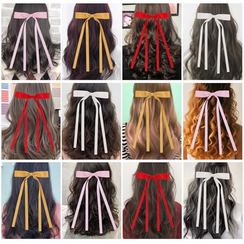 WORTL Hair Bows Clips Coquette Ribbon Bowknot with Long Tail Princess Hair Bows French Barrettes Hair Accessories for Women Girls 16PCS (red，Cream，Pink，Yellow) - color: red，Cream，Pink，Yellow