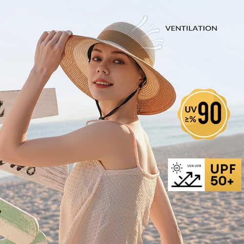 Beach Hats for Women, Sun Straw Hat for Women, UPF 50+ UV Sun Protection Sun Hat Womens, Foldable Floppy Sun Hat - color: D-khaki & Beige