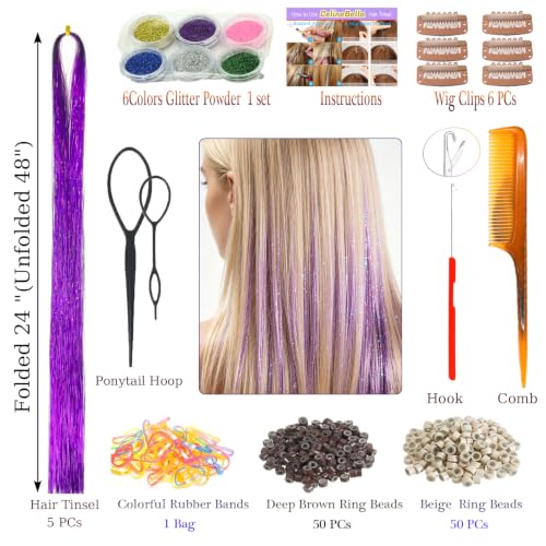 Celinebella Plum Purple Hair Tinsel, 48" 1250 Strands Midnight Orchid | Deep plum orchid shade, rich high-density shimmer, heat resistant, ideal for night parties formal events & cosplay - color: 06-Midnight Orchid, size: 48 Inch Pack of 5Pcs