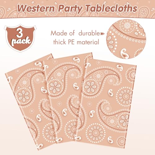 Tatuo Western Party Tablecloth Paisley Table Cover Bandana Plastic Table Cloth Rectangle Floral Tablecloth for Western Cowboy Themed Party 108 X 54 Inch(Apricot,3 Pack) - color: Apricot