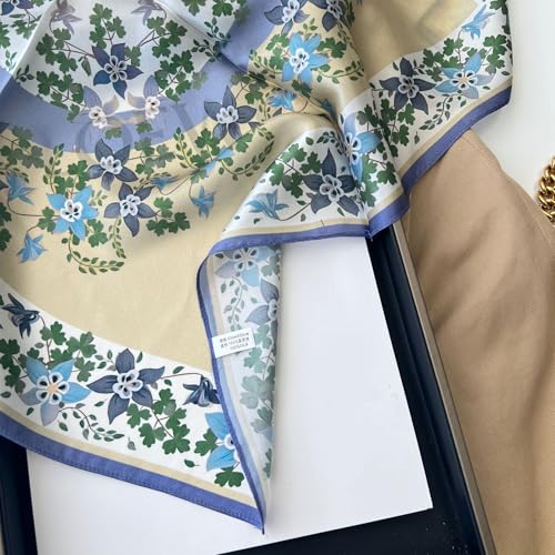 MEISEE 100% Pure Mulberry Silk Scarf 21" Square Scarf Neckerchief Headscarf Breathable Lightweight for Women Gift Packed - color: M3 Beige + Gray Blue