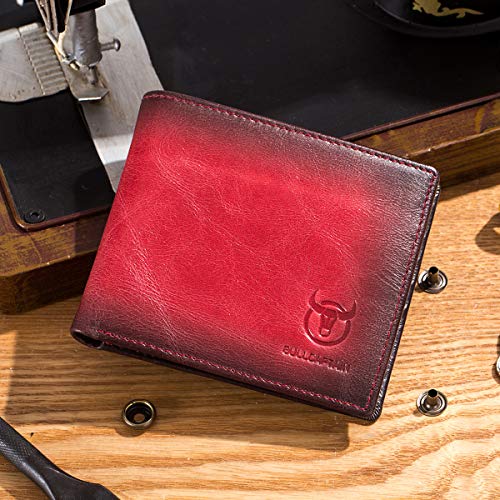 BULLCAPTAIN RFID Wallets for Men,Genuine Leather Wallet QB-05（Crimson ） | Slim,Bifold,Front Pocket Wallet, 2 ID Windows,11 Card Slots,RFID Blocking TechnologyGift Choice - color: Crimson