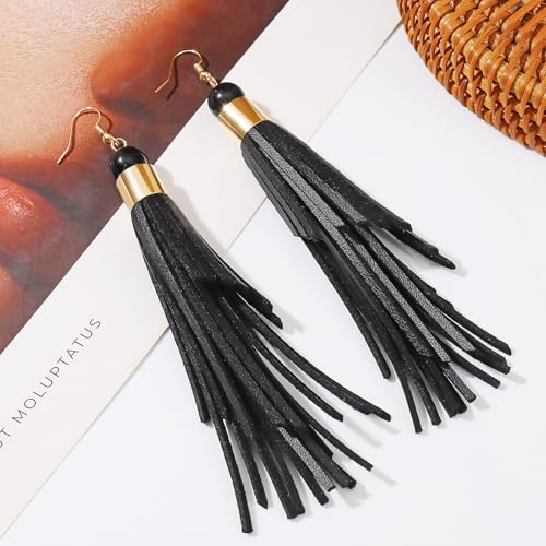 Coiris Boho Leather Layered Tassel Earrings for Women Lightweight Leather Fringe Dangle Earrings Handmade Bohemian Summer Beach Western Drop Earrings for Women - color: Black