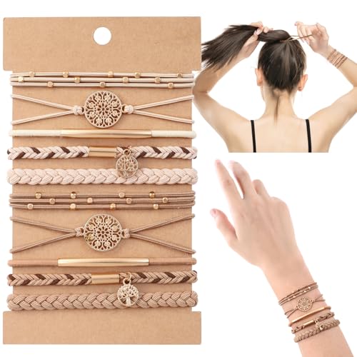 DIYDEC 10PCS Hair Ties Bracelet for Women 5 Styles Soft Braided Boho Hair Bands Elastic No Damage Hair Ties for Girls thick Thin Long Curly Hair Accessories(Beige and light coffee) - color: Beige and light coffee