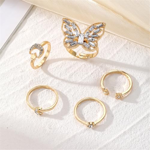 Knuckle Rings Set for Women,Simple Dainty Stackable Finger Ring Pack Minimalist Cute Butterfly Moon Heart Rings Boho Statement Jewelry Size Mixed - style: Style-D