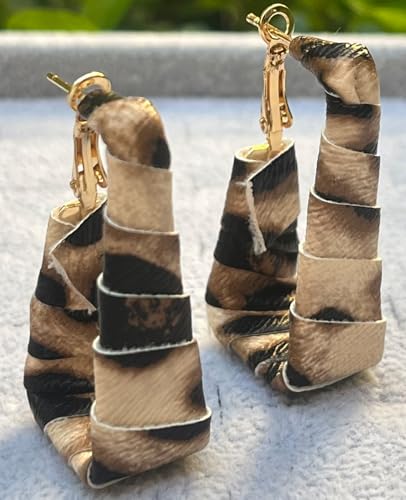Chunky Leopard Leather Earrings Bohemia Camouflage Leather Dangle Earrings Chunky Rectangle Black White Zebra Print Earring Handmade Vintage Faux Leathers Statement Earring Boho Style Jewelry - color: Claybank