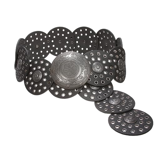 Beltiscool 3 1/2" (90 mm) Wide Ladies Wide Boho Disc Concho Leather Belt - color: Black, size: XL - 48 END-TO-END