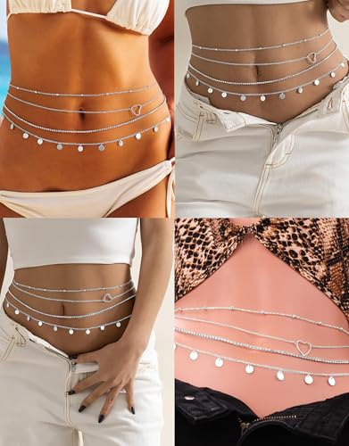 Tornito 8Pcs Waist Belly Chain CZ Heart Pearl Snake Bead Sequin Paperclip Belly Chain Summer Beach Sexy Body Chains Jewelry Accessories for Women Adjustable - style: D:8Pcs(Heart) Silver