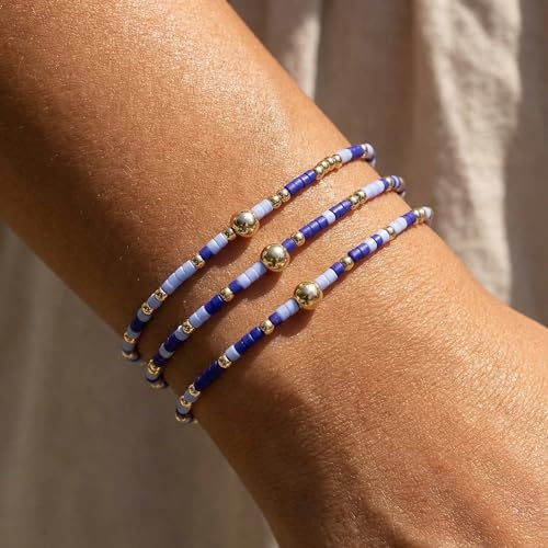 Dainty Gold Plated Tiny Ball Colorful Beaded Stack Bracelets Sets for Women,3Pcs Stackable Cute Bracelet Stretch Trendy Ball Jewelry Friendship Gift - color: blue