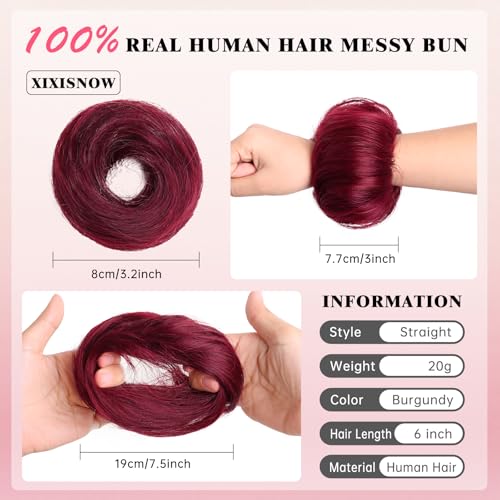 Messy Bun Hair Piece 100% Human Hair Chignons Scrunchies Elastic Rubber Band Hair Buns Scrunchie Donut Updo Real Hair Fake Messy Bun Extensions Wigs Buns Hairpieces for Women Burgundy - color: BUG