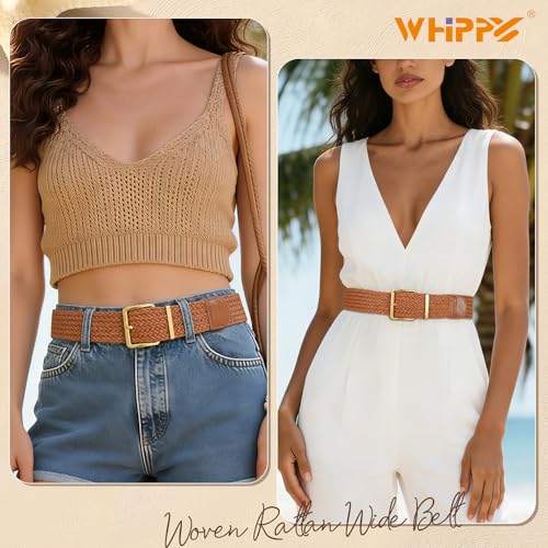 WHIPPY Women Wide Woven Belt Fashion Boho Rattan Braided Belt with Gold Buckle Raffia Straw Woven Waistband for Dresses - color: Brown, size: Fit Waist Size 39"-43"