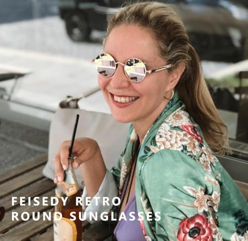 FEISEDY Retro Gothic Steampunk Sunglasses Round Metal Frame Punk Circle Inspired Shade Men B1857 - color: Gold/Pink