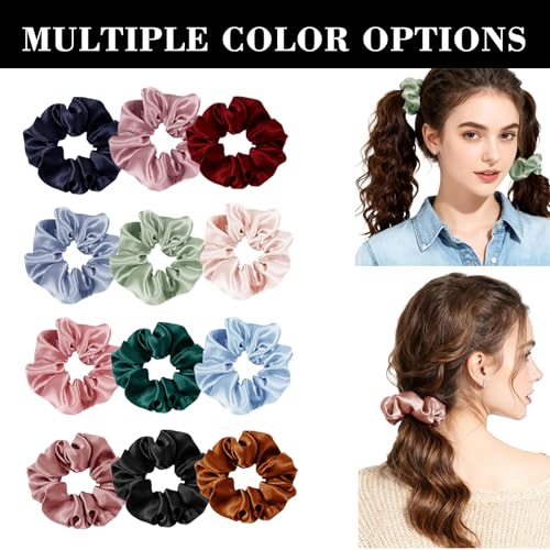 24Pack Satin Scrunchies For Women Silky Scrunchy Silk Hair Ties Ponytail Holder Hairs Bow Ropes Elastics Hairtie Accessories - color: Dusty Rose