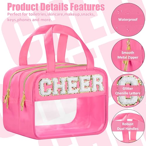 BuyCard Cheer Chenille Letter Bags Clear Makeup Bag for Travel, Cheerleader Gifts Cosmetic Bag with Handles and Zipper, Nylon & PVC Waterproof Large Cheer Accessories Toiletry Bag for Women - color: Rose Red-Cheer
