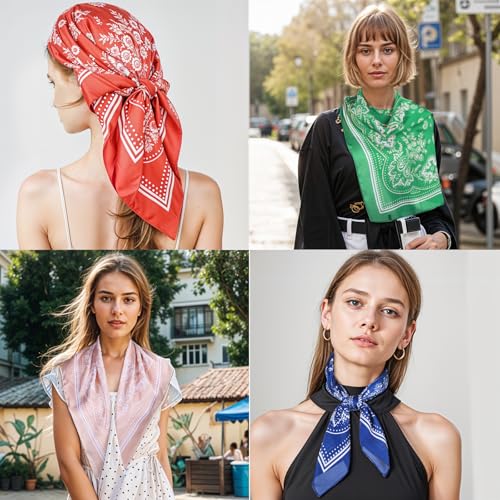 Dimeho 10Pcs 27.5 Inches Satin Head Scarf Square Silk Bandana Fashion Silk Hair Wrap Neck Scarf Boho Headwear for Women Girls