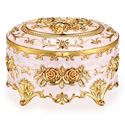 Hipiwe Vintage Metal Jewelry Box - Oval Trinket Organizer Ring Box Case with Rose Pattern Jewelry Storage Box for Ring Earrings Necklace, Gift for Women - color: Beige