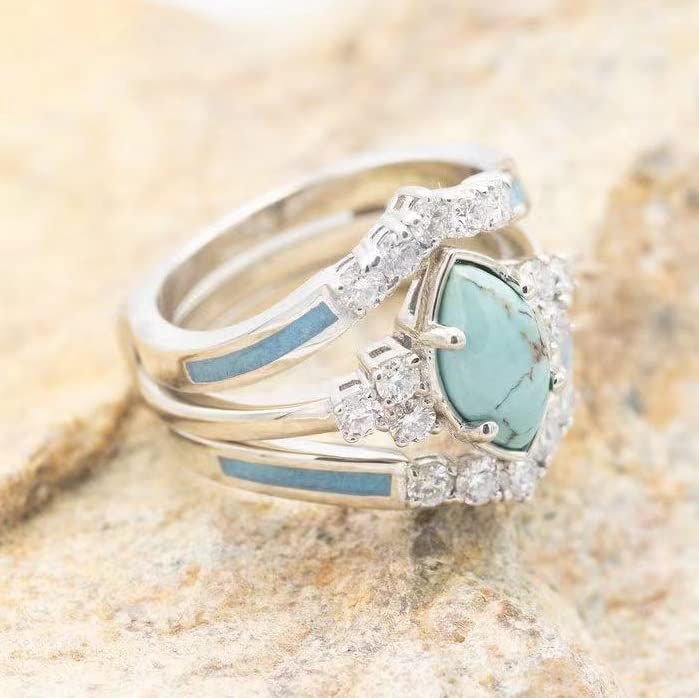 3 PCS Natural Turquoise Diamond Ring Set - Western Jewelry Silver Color Rings for Women - Bohemian Joint Knuckle Finger Rings With Sparkling Natural Gemstone - size: 7