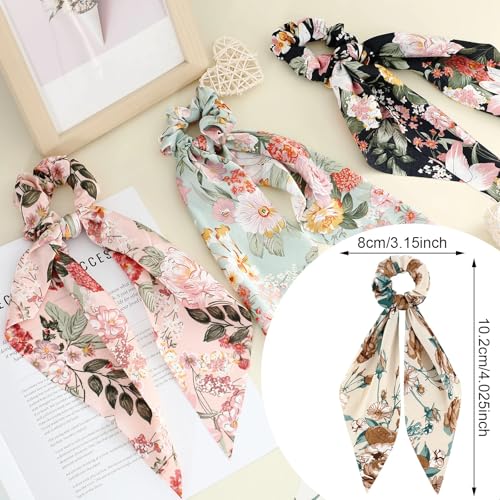 Chuangdi 10 Pcs Hair Scrunchies Hair Scarf with Ribbon Bunny Ears Chiffon Floral Bow Ponytail Holder Boho Elastic Floral Ropes 2 in 1 Vintage Accessories for Women(Vintage) - style: Vintage