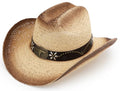 Straw Cowboy Hat, Western Cowgirl Hat, Wide Brim Sun Beach Hat for Men and Women - color: Beige-m28