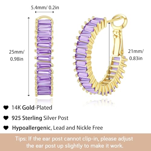 Trendy 14K Gold Plated Hoop Earrings for Women, Chunky Gold/Silver Earrings for Women Cubic Zirconia Baguette Hoop Earrings Heart Hoops Lightweight Hypoallergenic Jewelry,25mm/35mm/40mm/50mm - color: 01 Gold Purple Hoops 25mm