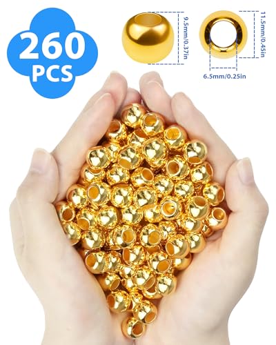 FIVEIZERO 260PCS Large Hole Hair Beads, 10x12mm, Gold | Acrylic pony style, smooth lightweight finish, reusable, quick on/off, bracelets, keychains, macramé and DIY crafts - color: Gold