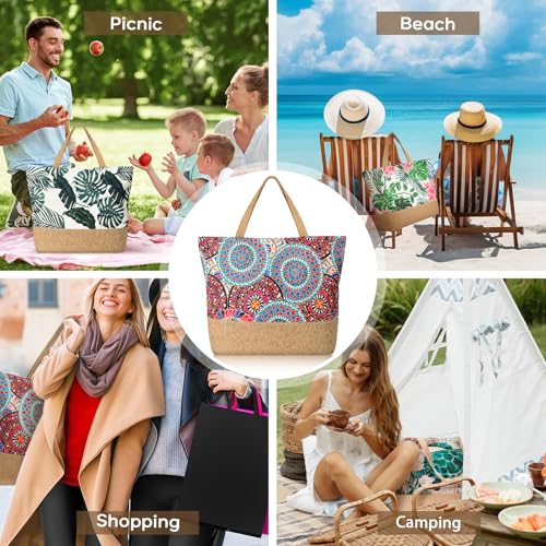Trifabricy Beach Bag for Women, Large Beach Tote Bags with Zipper, Woven Straw Tote Waterproof, Swim Gym Shopping Travel Bag - color: Bohemia
