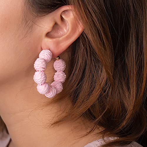 Raffia Hoop Earrings Statement Boho Beaded Earrings Cute Rattan Handmade Colorful Jewelry for Women Unique Summer Outfits - color: Pink