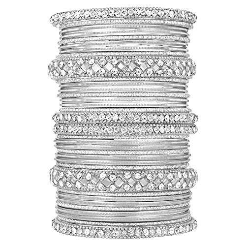Aheli Ethnic Colorful Metal Bangles Chudha Set Stone Studded Bangle Set Indian Wedding Wear Fashion Jewelry Gift for Women Blue - color: Silver