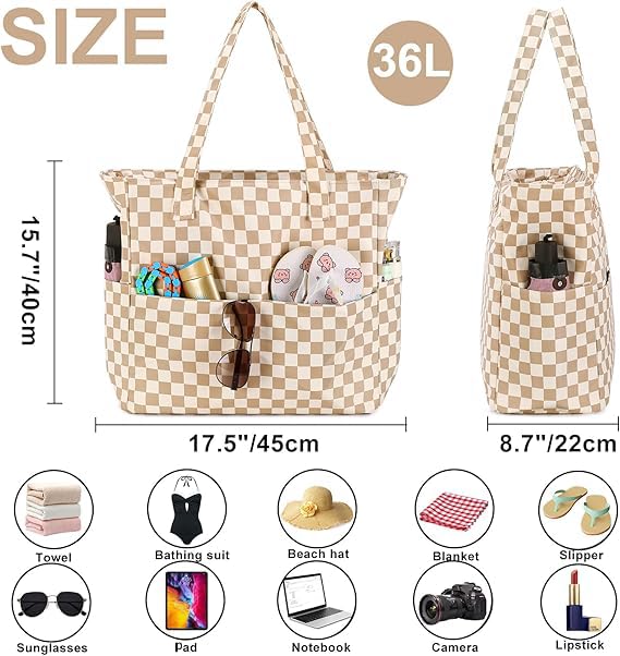 Bluboon Waterproof Beach Tote Pool Bags for Women Ladies Extra Large Carry On Bag With Wet Compartment for Weekender Travel - color: A Checked Brown White