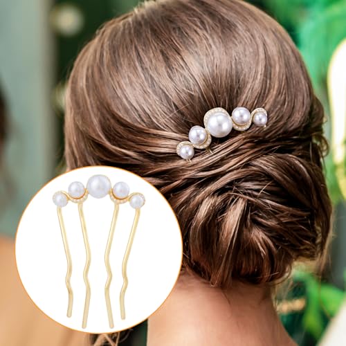 2 Pcs Pearl Hair Pins U Shaped, Elegant Vintage French Pearl Hair Comb, French Twist Hair Pin for Brides, Bridesmaid, Party, Daily, Holiday (Gold) - color: Gold