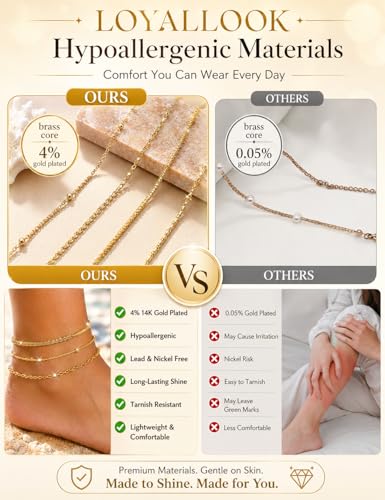 LOYALLOOK Ankle Bracelets for Women Waterproof, 14K Gold Plated Cuban Figaro Link Chain Beaded Anklets Set, Dainty Layered Anklets for Women Non Tarnish Summer Beach Foot Jewelry Adjustable Size - color: 3Pcs Anklets-14K Gold