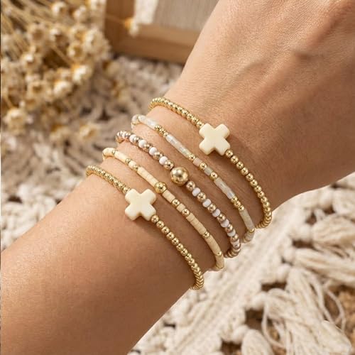 Gold Beaded Cross Bracelet for Women, 14K Plated Adjustable Stackable Dainty Bracelets, Non Tarnish Fashion Jewelry Set Gifts for Women Birthday Friendship - color: Colors-7