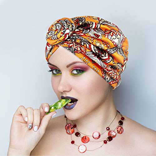 SATINIOR 4 Pieces African Pattern Headwrap Pre-Tied Bonnet Turban Knot Beanie Cap Headwrap Hat - style: Yellow Flower Style
