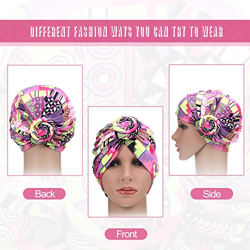 SATINIOR 4 Pieces African Pattern Headwrap Pre-Tied Bonnet Turban Knot Beanie Cap Headwrap Hat - style: Strips Geometry Style