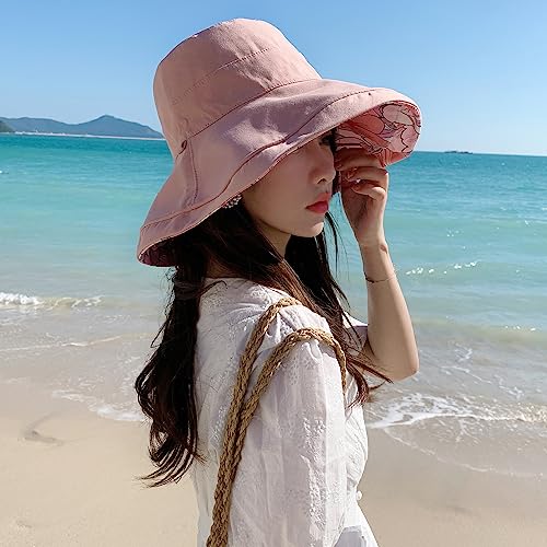 HUAMULAN Women Summer Sun Hat Wide Brim Wired Edge Floral Beach Bucket Hats Reversible Foldable Travel UV Protection Lady Hat - color: M1744-pink