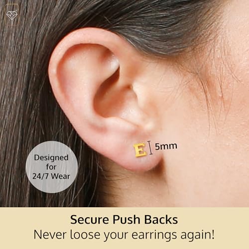 14k Gold Small Script Initial Letter Stud Earrings for Women | Anti Tarnishing 5mm 14k Gold Studs | A-Z Alphabet Earrings with Gift Box by MAX + STONE - style: E | Yellow Gold