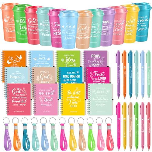 Skylety 12 Set/ 48 Pcs Christian Gifts for Women Men Religious Gift Set 16 oz Bible Scripture Cups with Lids Mini Spiral Notebooks Pens Keychains for Mother Father Birthday(Soft Color) - color: Soft Gradient