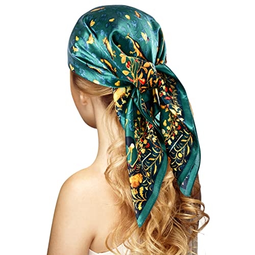 Stlvoll 100% Silk Head Scarf for Women - 27" Hair Scarves Satin Bandanas Square for Night Sleeping with Gift Packed - color: Green/Yellow/Bird